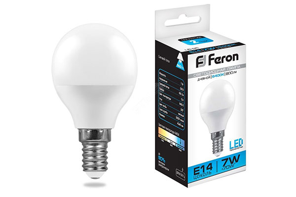 лампа диодная G45  7Вт E14 6400к FERON
