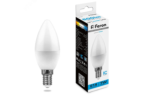 лампа диодная C37  7Вт Е14 6500к FERON