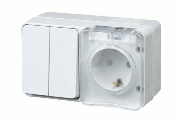 блок AtlasDesign роз. 16А с/з +  2-кл выкл.  IP54 бел