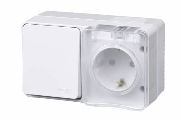 блок AtlasDesign роз.16А с/з + 1-кл. выкл. 10а IP54 бел