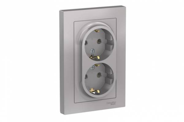 розетка в сборе 2-м  с/з  AtlasDesign 16А IP20 алюм.
