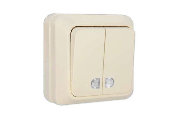 Выключатель 2-кл. ОП Олимп 10А IP20 с подсветкой сл. кость UNIVersal Б-О0123