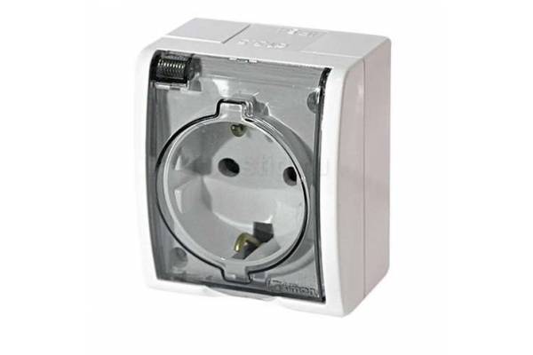 Розетка 1-м ОП Simon15 16А IP54 250В с заземл. с крышкой винт. клеммы бел. Simon 1594445-030