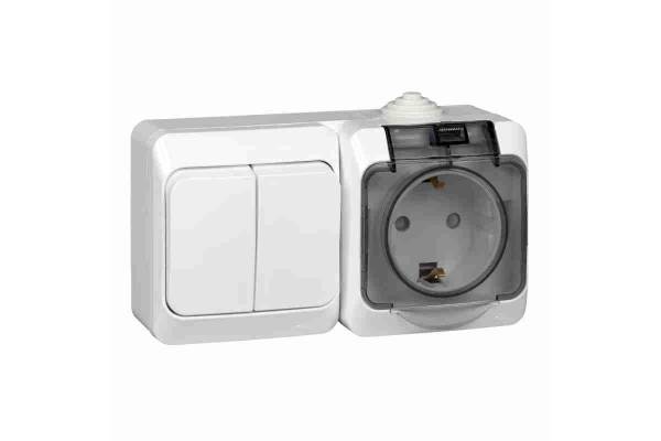 Блок ОП Этюд (2-кл. выкл. + евророз. защ. шторки) IP44 бел. SchE BPA16-242B