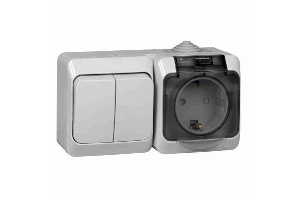 Блок ОП Этюд (2-кл. выкл. + евророз. защ. шторки) IP44 сер. SchE BPA16-242C