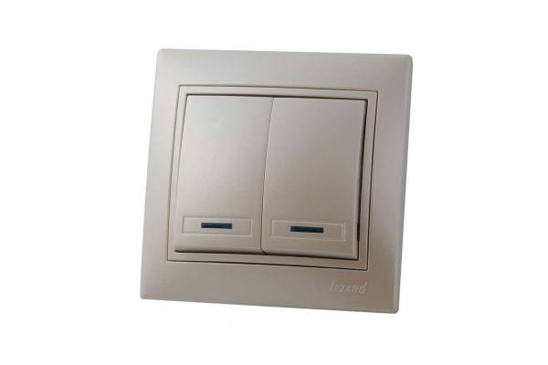 Выключатель 2-кл. СП Мира 10А IP20 с подсветкой со вставкой жемчуж./бел. перламутр. LEZARD 701-3030-112