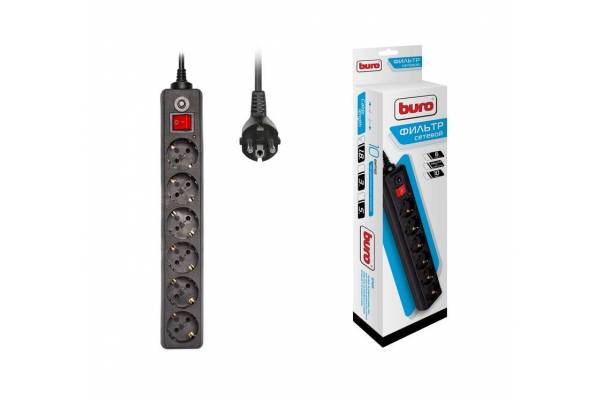 Удлинитель с сетевым фильтром 6х1.8м с заземл. 10А IP20 600SH-1.8-B CCA 2200Вт черн. BURO 992264