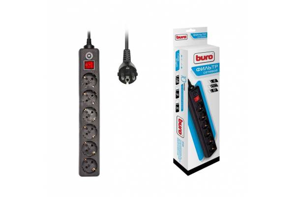 Удлинитель с сетевым фильтром 6х3м с заземл. 10А IP20 600SH-3-B CCA 2200Вт черн. BURO 992272