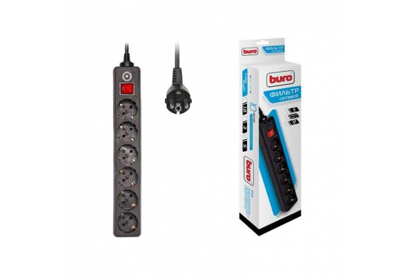 Удлинитель с сетевым фильтром 6х5м с заземл. 10А IP20 600SH-5-B CCA 2200Вт черн. BURO 992278