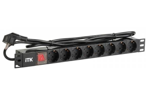 Блок розеток 8 мест PDU (немец. станд.) PH12-8D1-P 19дюймов DIN49440 с LED выкл. ПВХ 1U шнур 2м ITK PH12-8D1-P