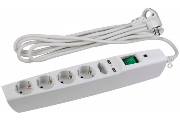 Удлинитель с сетевым фильтром 5х2м с заземл. 10А IP20 SFU-5es-2m-W 5гн+2хUSB защ. шторки с выкл. ПВС 3х0.75 бел. ЭРА C0043327