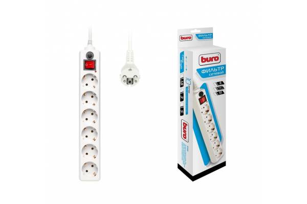 Удлинитель с сетевым фильтром 6х3м с заземл. 10А IP20 600SH-3-W CCA 2200Вт бел. BURO 992266
