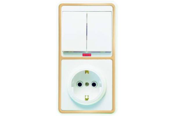 Блок БКВР-055 Бэлла (2-кл. выкл. с инд. + розетка с заземл.) зол. Кунцево 5834