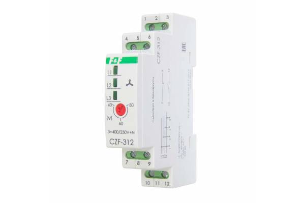 Реле контроля и наличия фаз CZF-312 (монтаж на DIN-рейке 35мм; регулировка порога; без задержки отключения; 3х400/230+N 2х8А 1Z 1R IP20) F&F EA04.001.007