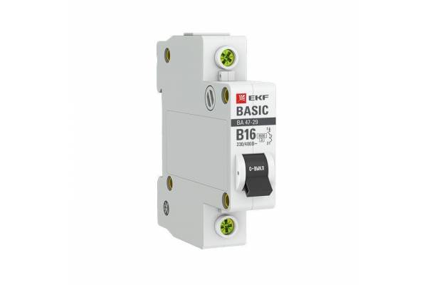 Выключатель автоматический модульный 1п B 16А 4.5кА ВА 47-29 Basic EKF mcb4729-1-16-B
