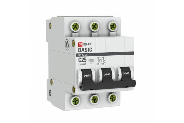 Выключатель автоматический модульный 3п C 25А 4.5кА ВА 47-29 Basic EKF mcb4729-3-25C