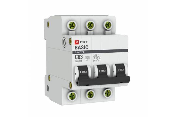 Выключатель автоматический модульный 3п C 63А 4.5кА ВА 47-29 Basic EKF mcb4729-3-63C