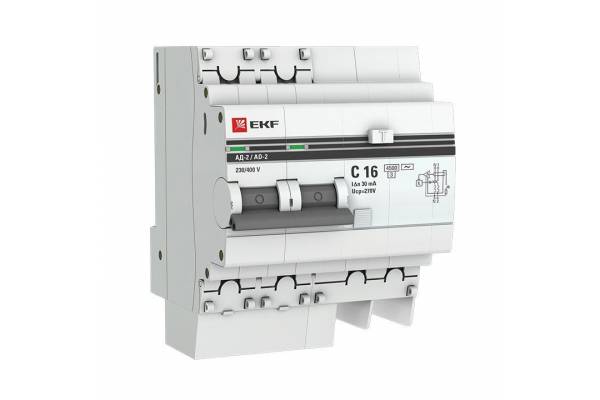 Выключатель автоматический дифференциального тока 2п 4мод. C 16А 30мА тип AC 4.5кА АД-2 PROxima EKF DA2-16-30-pro