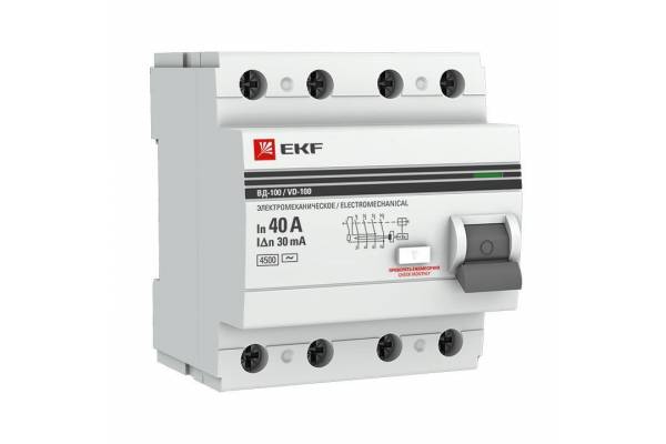 Выключатель дифференциального тока (УЗО) 4п 40А 30мА тип AC ВД-100 (электромех.) PROxima EKF elcb-4-40-30-em-pro