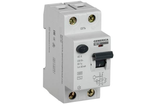Выключатель дифференциального тока (УЗО) 2п 40А 30мА тип AC ВД1-63 GENERICA IEK MDV15-2-040-030