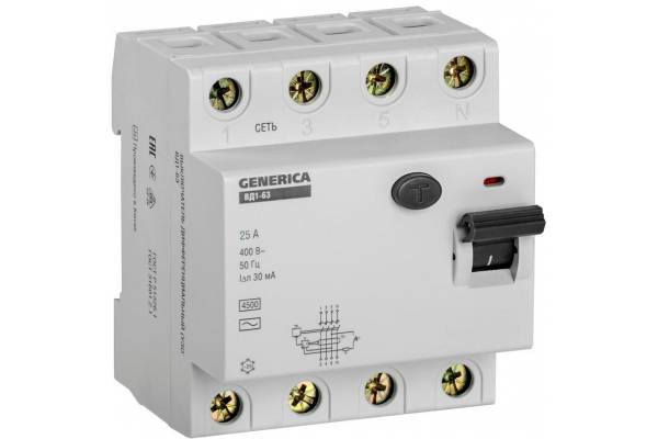 Выключатель дифференциального тока (УЗО) 4п 25А 30мА тип AC ВД1-63 GENERICA IEK MDV15-4-025-030