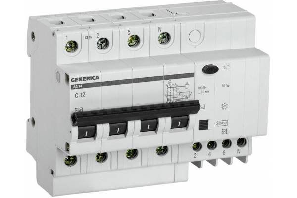 Выключатель автоматический дифференциального тока 4п 32А 30мА АД14 GENERICA IEK MAD15-4-032-C-030