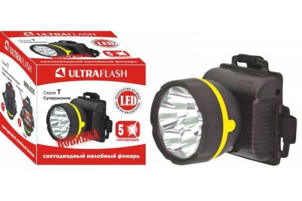 Фонарь налобный 909LED5 (5LED 1 режим; 3хR6 черн.) Ultraflash 11781