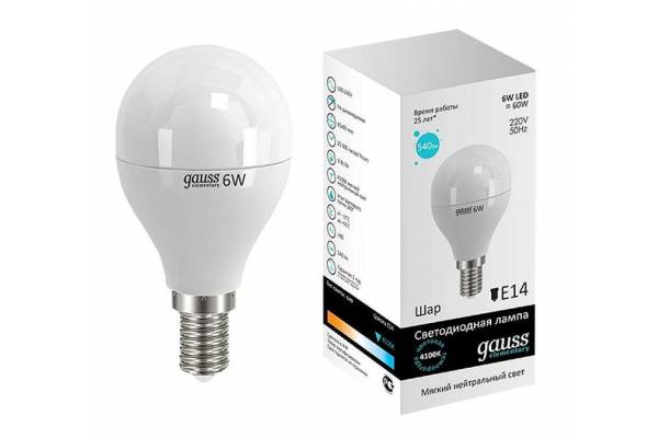 Лампа светодиодная Elementary 6Вт шар 4100К бел. E14 420лм 180-240В Gauss 53126