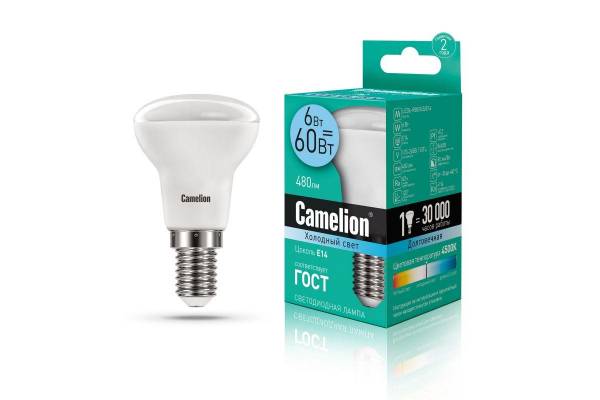 Лампа светодиодная LED6 R50/845/E14 6Вт 4500К бел. E14 480лм 220-240В Camelion 11659