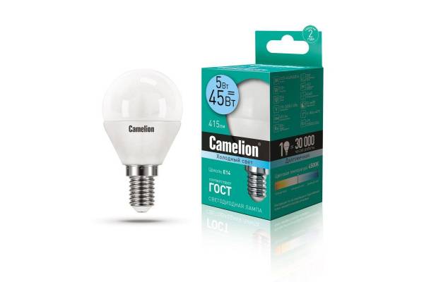 Лампа светодиодная LED5-G45/845/E14 5Вт шар 4500К бел. E14 405лм 220-240В Camelion 12029