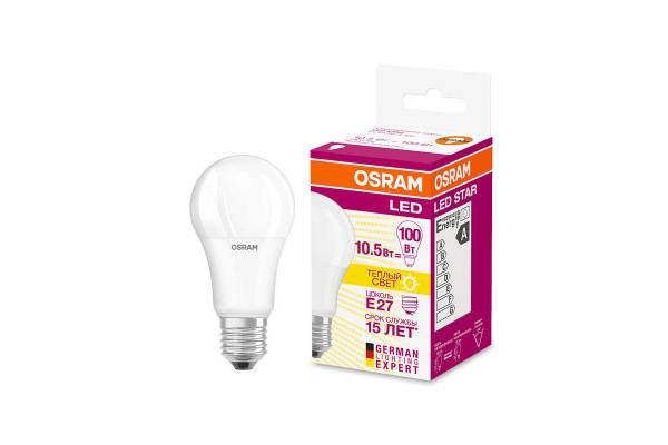 Лампа светодиодная LED STAR CLASSIC A 100 10W/827 10Вт грушевидная 2700К тепл. бел. E27 1060лм 220-240В матов. пласт. OSRAM 4052899971578