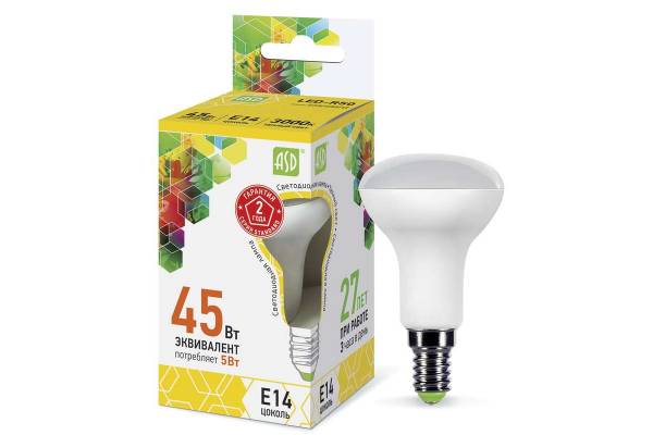 Лампа светодиодная LED-R50-standard 5Вт 3000К тепл. бел. E14 450лм 160-260В ASD 4690612001531