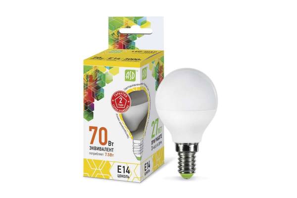 Лампа светодиодная LED-шар-standard 7.5Вт шар 3000К тепл. бел. E14 675лм 160-260В ASD 4690612003962