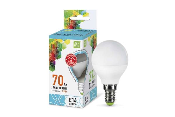 Лампа светодиодная LED-ШАР-standard 7.5Вт ШАР 4000К бел. E14 675лм 160-260В ASD 4690612003979