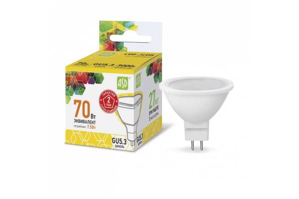 Лампа светодиодная LED-JCDR-standard 7.5Вт 3000К тепл. бел. GU5.3 675лм 160-260В ASD 4690612002286