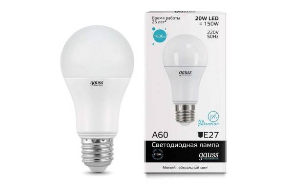 Лампа светодиодная Elementary A60 20Вт грушевидная 4100К бел. E27 1600лм 180-240В Gauss 23229