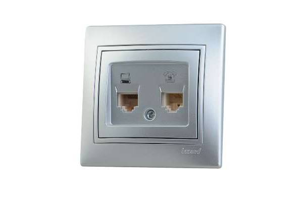 Розетка компьютерная + телеф. СП Мира RJ11 + RJ45 метал. сер. LEZARD 701-1010-143