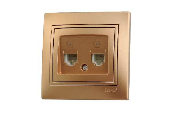 Розетка телефонная 2-м СП Мира RJ11 метал. зол. Lezard 701-1313-138