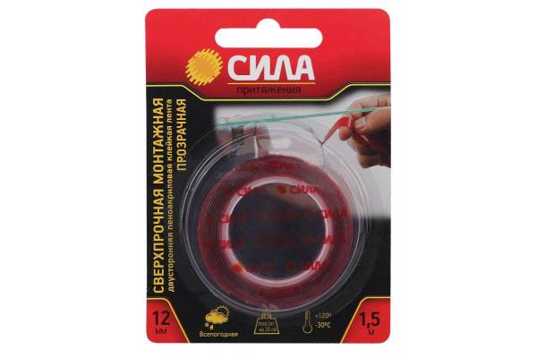 Лента клейкая сверхпрочная монтажная SDST-1215TR двустор. пеноакрил.12мм х 1.5м прозр. СИЛА Б0046371
