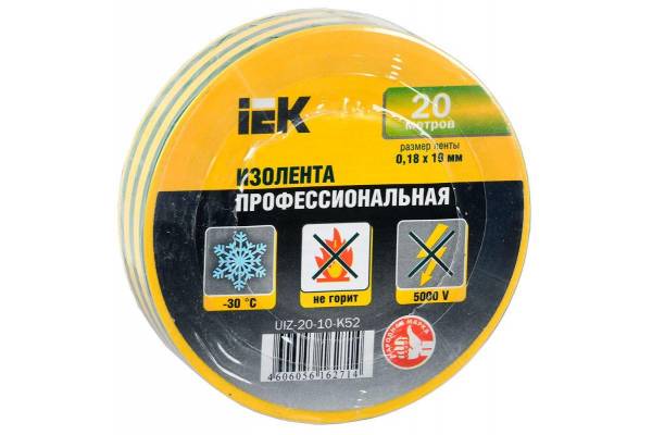 Изолента ПВХ 0.18х19мм желт./зел. (рул.20м) IEK UIZ-20-10-K52