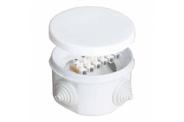 Коробка распределительная ОП d75х45мм IP54 с клемм. 4 выхода 4 гермоввода 10А 6 контактов крышка защелкивающаяся бел. Epplast 240343