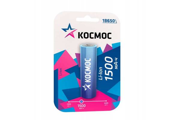 Аккумулятор Li-ion 18650 1500мА.ч без защиты (блист.1шт) Космос KOC18650Li-ion15UBL1